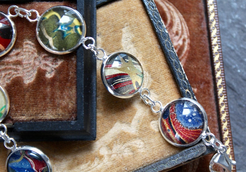 Book Lovers Bracelet marbled end papers Antique Book under glass vintage victorian assemblage jewelry up cycled recycled ephemera image 10