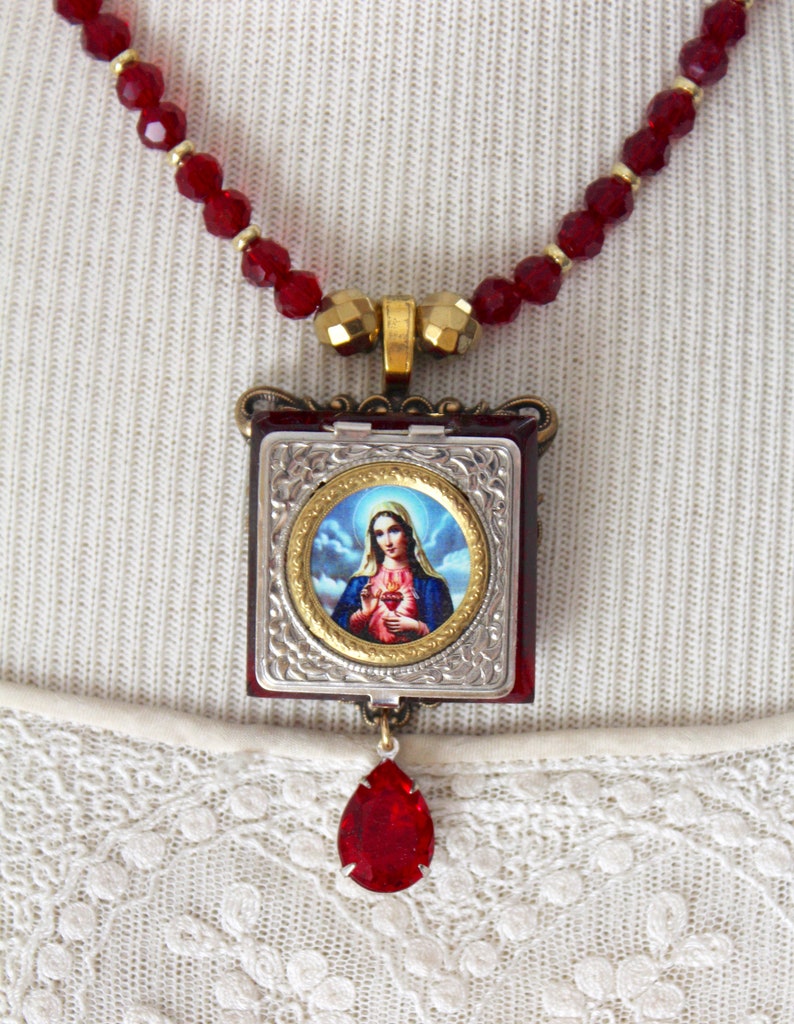 Czech glass Pocket Shrine necklace Mary miniature rosary Etsy