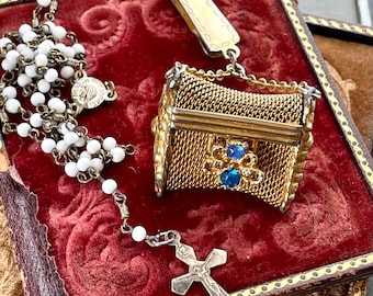 Vintage miniature chatelaine purse mesh  tone rosary reliquary religious devotional mini belt clip