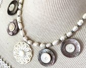 Lovely carved buttons Pendant Mother of pearl victorian layered intricate antique vintage necklace jewelry steel studs MOP freshwater pearls