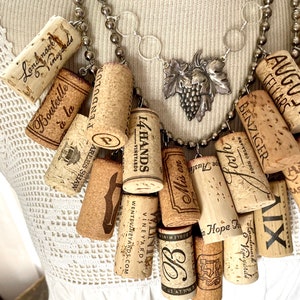 Fabulous Wine lovers cork statement necklace grape vine pin brooch decanter tag assemblage connoisseur cocktail party wine tasting image 4