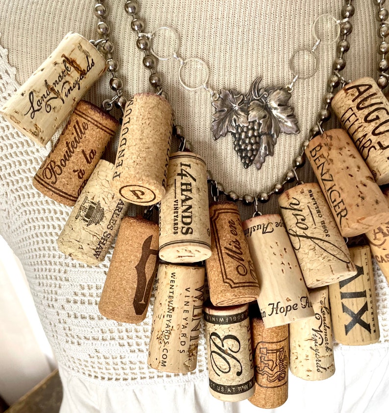 Fabulous Wine lovers cork statement necklace grape vine pin brooch decanter tag assemblage connoisseur cocktail party wine tasting image 4