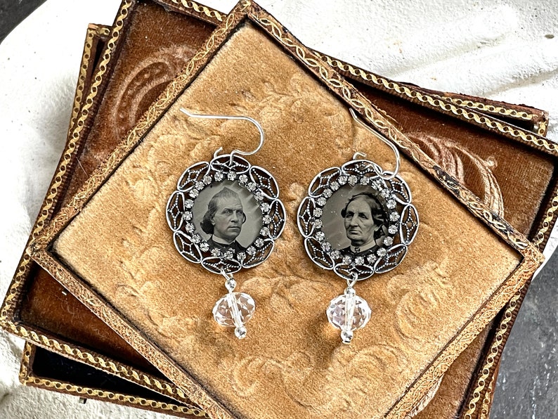 Gem tintype Memento Mori Earrings steampunk gothic Victorian Memory antique vintage assemblage mourning jewelry rhinestone earrings image 5