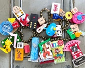 Name that Game Vintage game parts toys charm assemblage necklace kindergarten teacher gift jewelry dominoes LIFE Trivial Pursuit dice Cootie