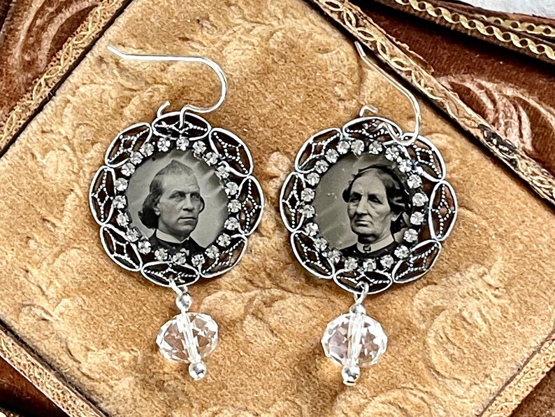 Gem tintype Memento Mori Earrings steampunk gothic Victorian Memory antique vintage assemblage mourning jewelry rhinestone earrings image 2