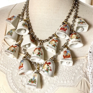 Vintage china bell Christmas ornament necklace tinkling sound jewelry Party statement assemblage ceramic tree decorations show stopper image 2