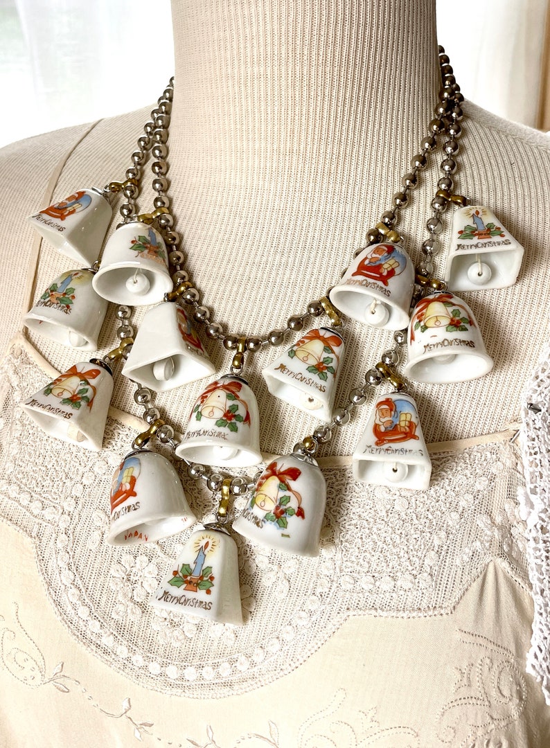 Vintage china bell Christmas ornament necklace tinkling sound jewelry Party statement assemblage ceramic tree decorations show stopper image 2