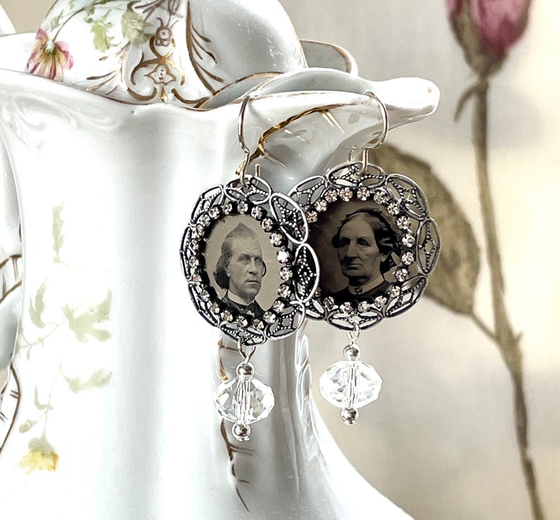 Gem tintype Memento Mori Earrings steampunk gothic Victorian Memory antique vintage assemblage mourning jewelry rhinestone earrings image 6