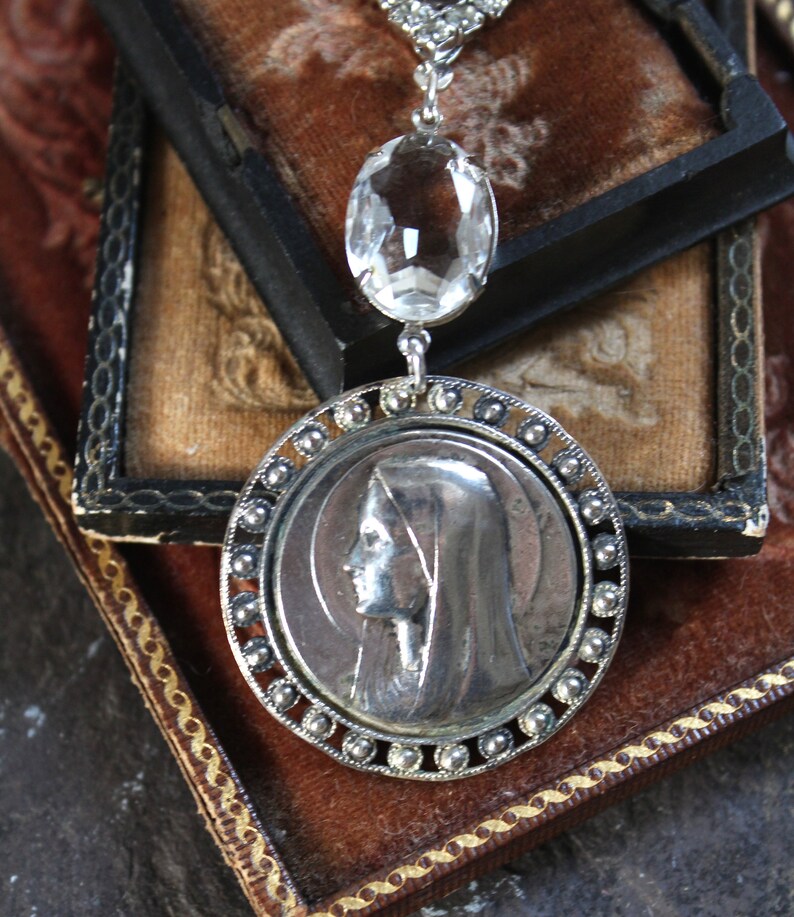 Our Lady Lourdes Notre Dame Religious Medal Brooch Rhinestone Necklace ...