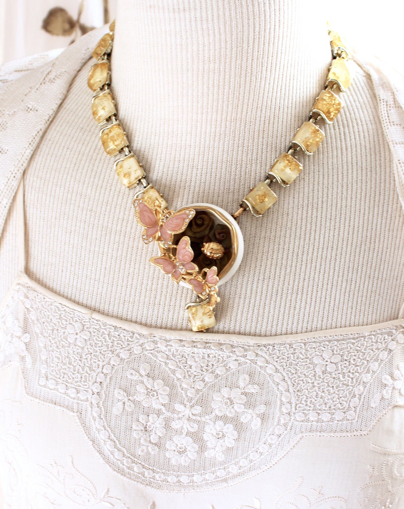 Butterfly ladybug assemblage necklace Coro lucite gold cream Belleek gold trim salt cellar dish pink jewelry vintage statement bridal MOB image 8