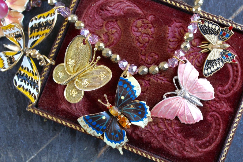 Garden Party Butterfly assemblage necklace vintage antique collage jewelry retro 1950/'s pins brooches springtime enamel rhinestone up cycled
