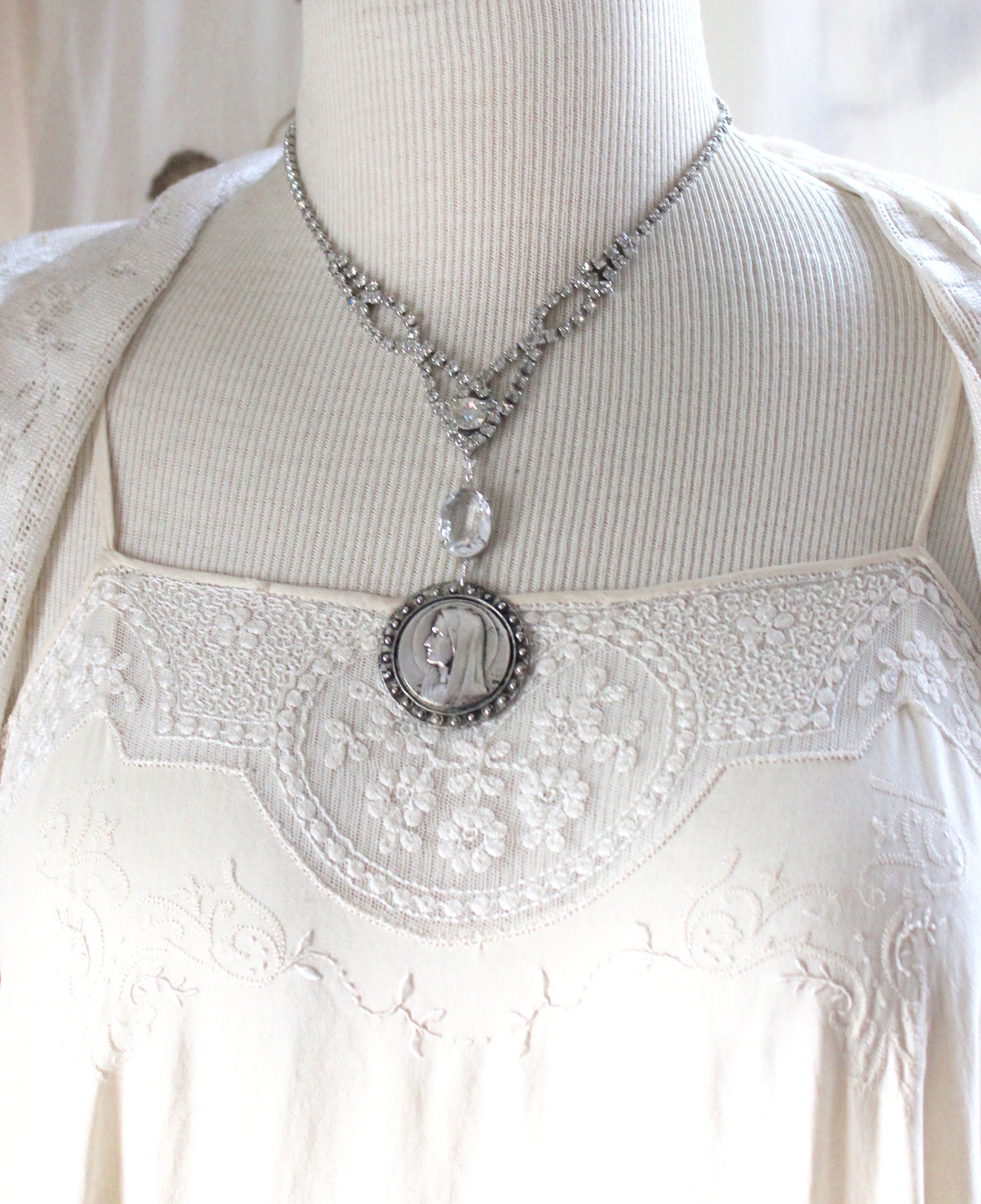 Our Lady Lourdes Notre Dame Religious Medal Brooch Rhinestone Necklace ...