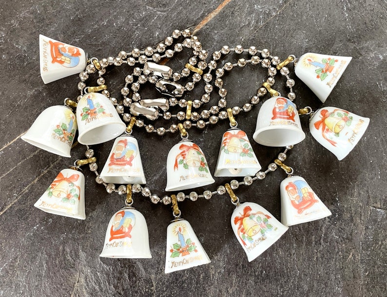 Vintage china bell Christmas ornament necklace tinkling sound jewelry Party statement assemblage ceramic tree decorations show stopper image 5