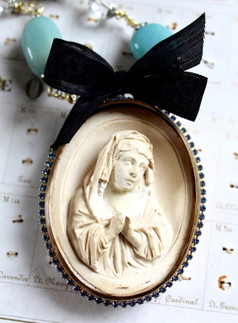 The Young Mother Meerschaum carved necklace blue aventurine Mary Madonna Our Lady devotional religious spiritual jewelry antique vintage image 2