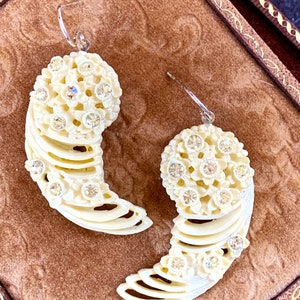 Antique pale lemon yellow Celluloid assemblage earrings rhinestones lightweight statement oldnouveau earrings vintage jewelry image 7
