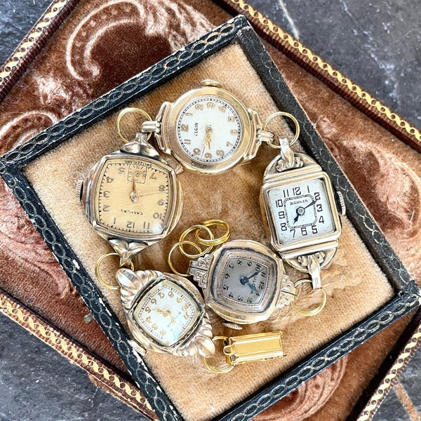 Watch of Vintage Watches steampunk antique assemblage bracelet jewelry timepiece wind up ladies Bulova Calvert Elgin Banner gild tone