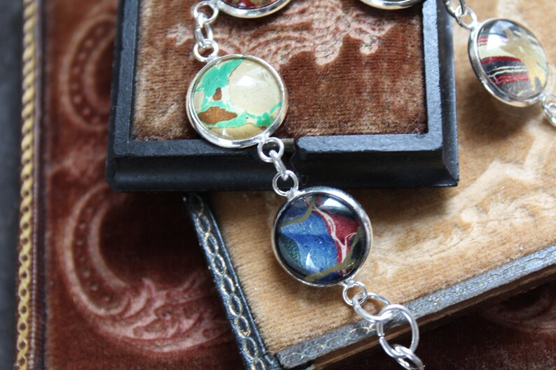 Book Lovers Bracelet marbled end papers Antique Book under glass vintage victorian assemblage jewelry up cycled recycled ephemera image 9