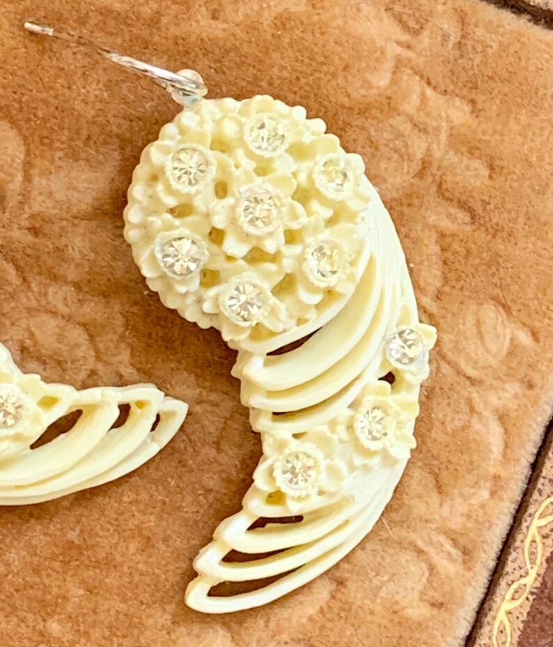 Antique pale lemon yellow Celluloid assemblage earrings rhinestones lightweight statement oldnouveau earrings vintage jewelry image 5