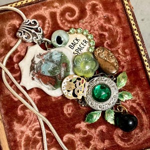 Retro steampunk Collage necklace green Jewelry vintage  button Charm pendant altered antique  assemblage watch part up cycled