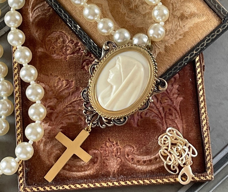 Cream and matte gold Our Lady of Lourdes Celluloid brooch necklace Mary religious devotional Catholic jewelry assemblage France adjustable