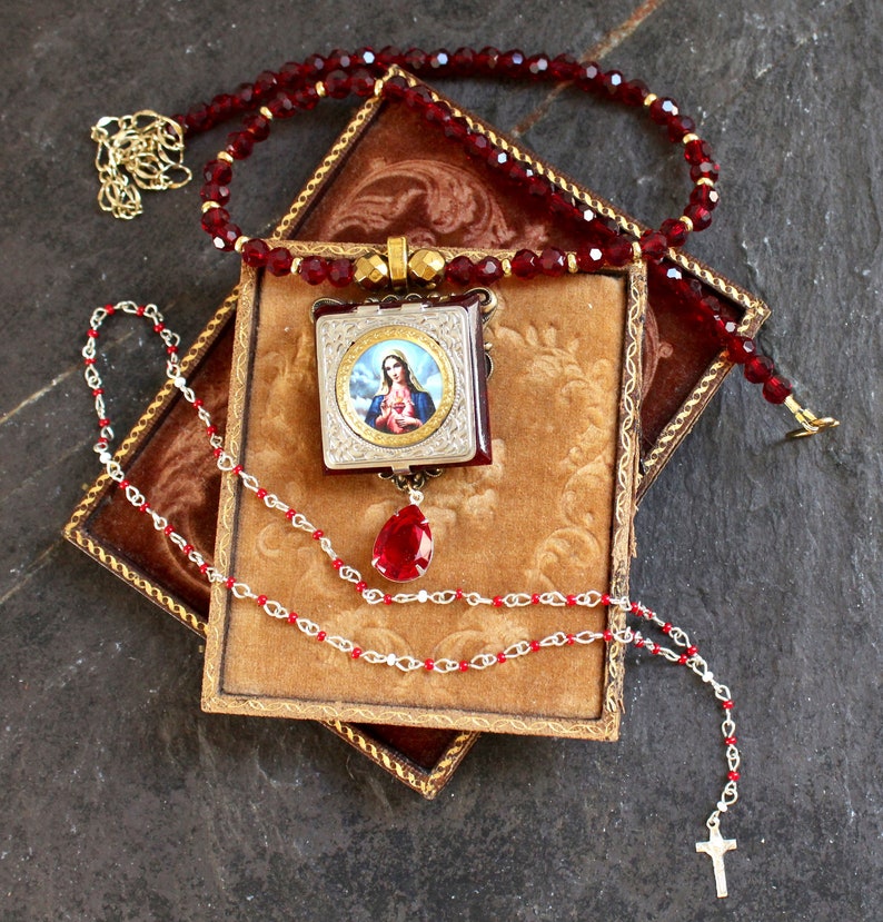Czech glass Pocket Shrine necklace Mary miniature rosary Etsy