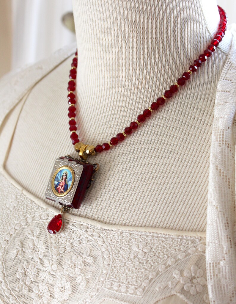 Czech glass Pocket Shrine necklace Mary miniature rosary Etsy