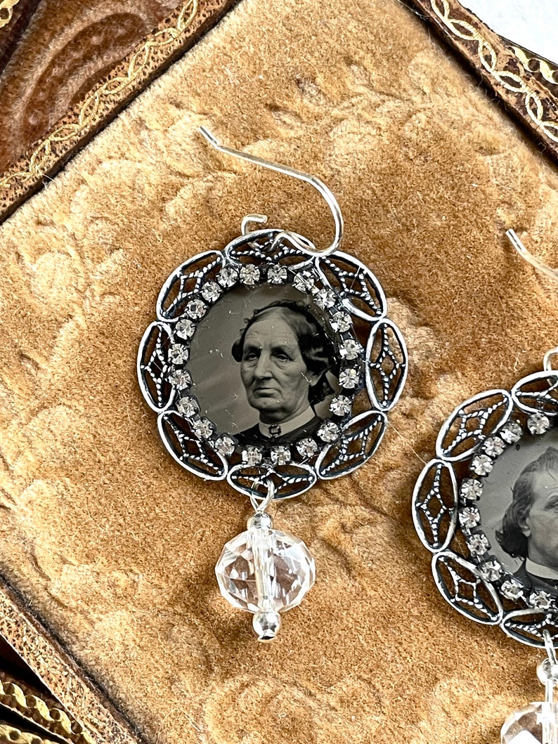 Gem tintype Memento Mori Earrings steampunk gothic Victorian Memory antique vintage assemblage mourning jewelry rhinestone earrings image 3