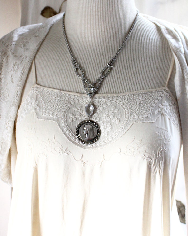 Our Lady Lourdes Notre Dame Religious Medal Brooch Rhinestone Necklace ...