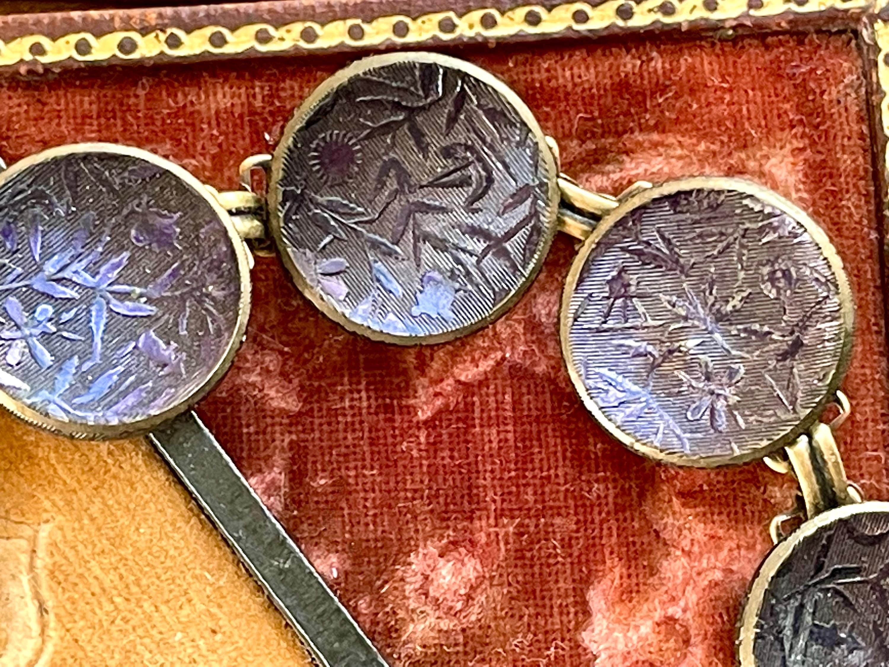 Antique Metal 'Wallpaper" Button bracelet vintage tinted purple floral up cycled jewelry rare pattern