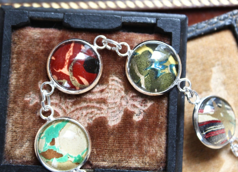 Book Lovers Bracelet marbled end papers Antique Book under glass vintage victorian assemblage jewelry up cycled recycled ephemera image 8