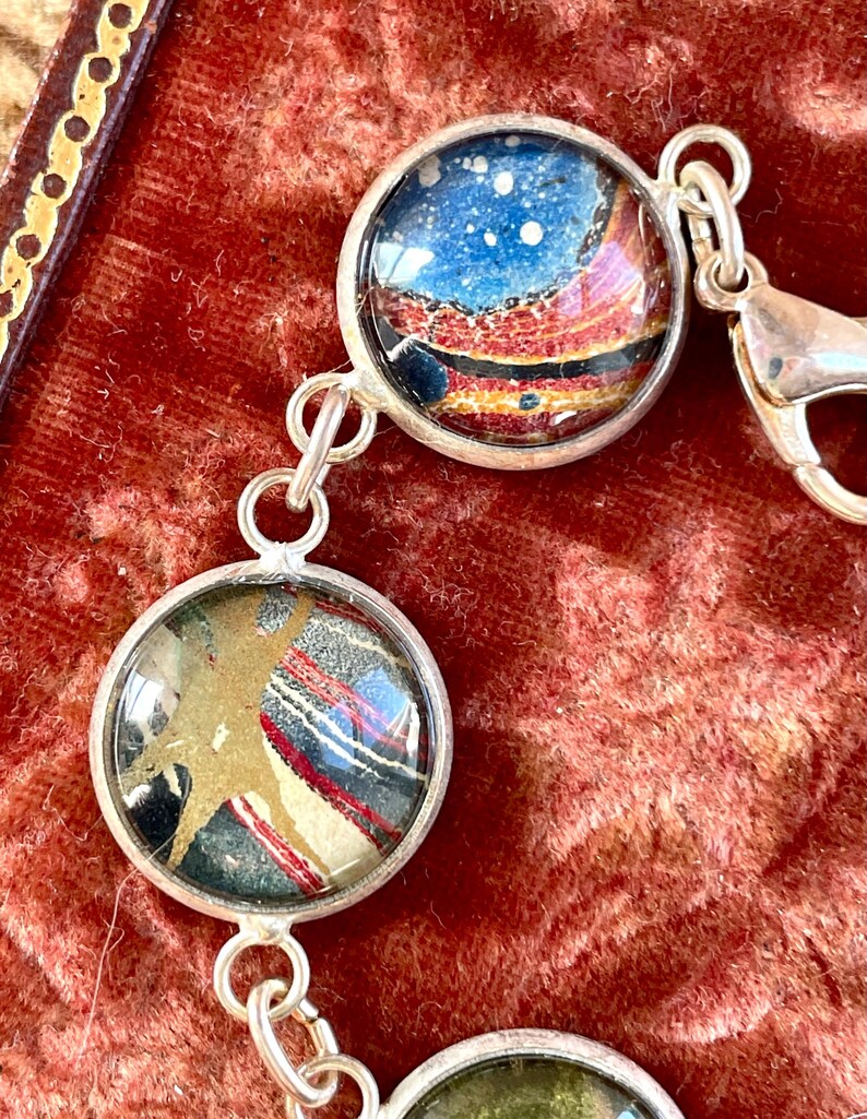 Book Lovers Bracelet marbled end papers Antique Book under glass vintage victorian assemblage jewelry up cycled recycled ephemera image 2