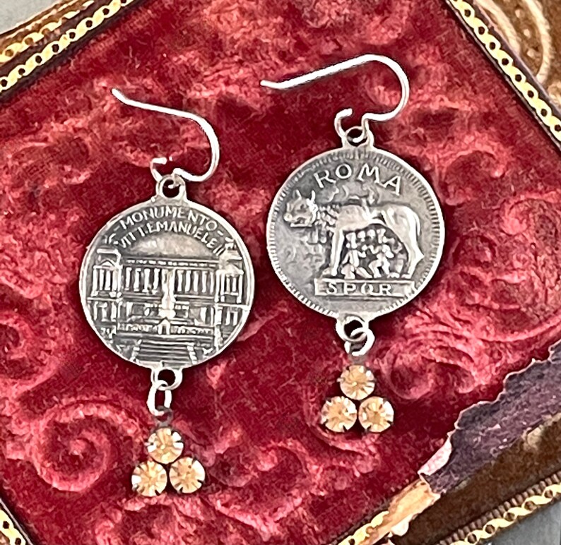 Rome Italy earrings souvenir bracelet coins up cycled assemblage Monument Victor Emanuele tourist mythical creature Roma SPQR image 1