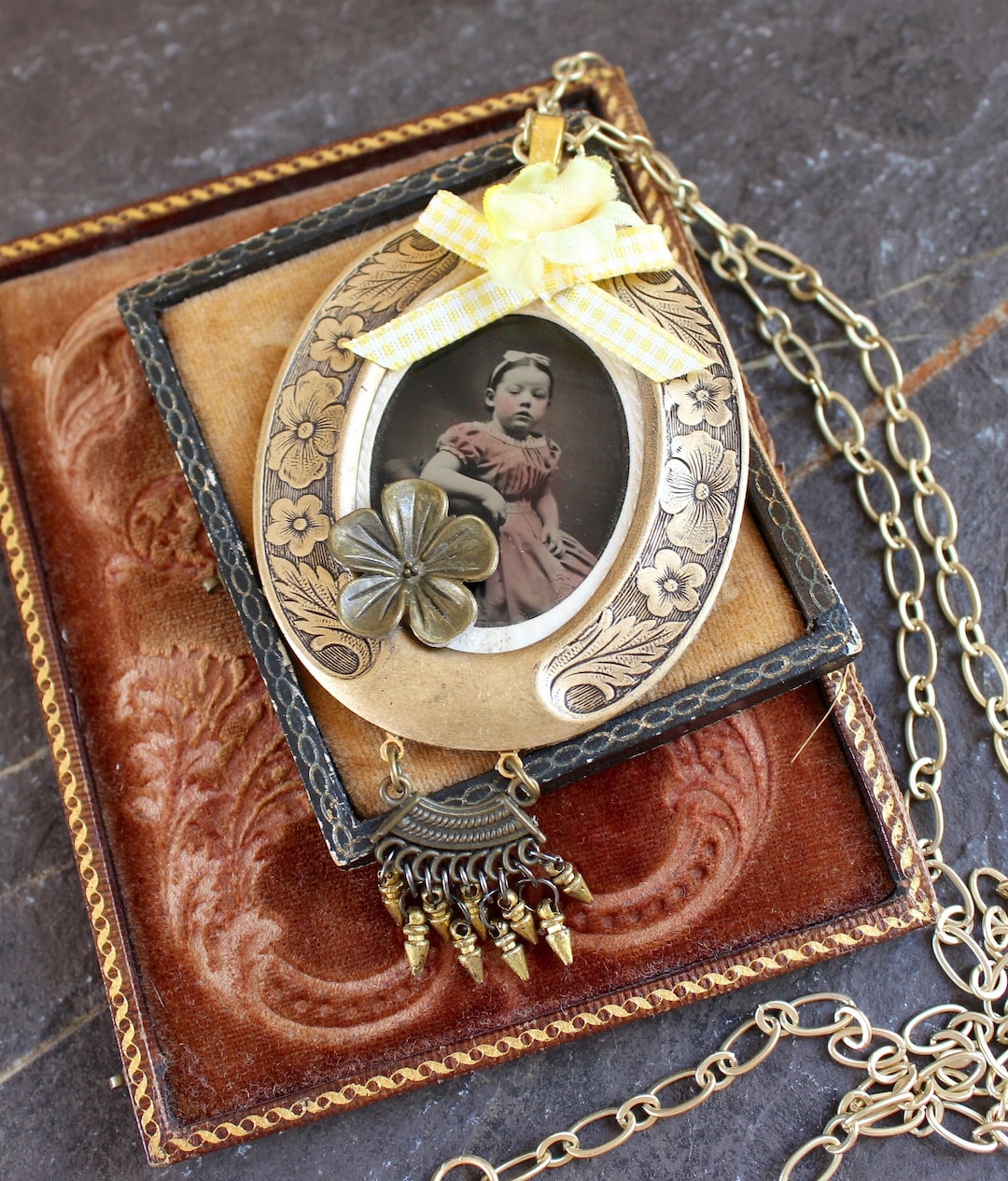 Highly Tinted Tin Type Young Girl in Pink Hair Ribbons Assemblage