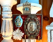 Daguerreotype Lourdes wall shrine altar Mary antique inspiration spiritual  mixed media assemblage medal mini rosary enamel vase luminaries