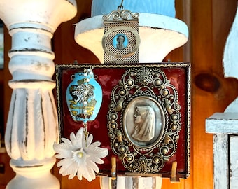 Daguerreotype Lourdes wall shrine altar Mary antique inspiration spiritual  mixed media assemblage medal mini rosary enamel vase luminaries