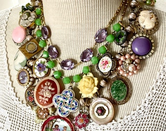 Collected treasures collectibles assemblage necklace statement collar collage triple strand layered jewelry vintage antique up cycled