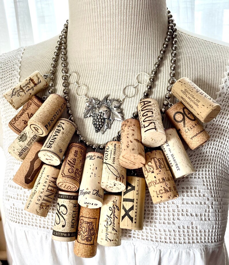 Fabulous Wine lovers cork statement necklace grape vine pin brooch decanter tag assemblage connoisseur cocktail party wine tasting image 1