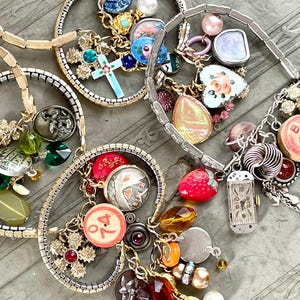 Your color choice Vintage Trinket watchband bracelets SLIP ON collectibles antique  buttons steampunk collage assemblage jewelry charm