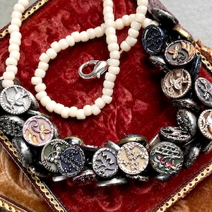 Charm string style antique metal button necklace vintage Victorian jewelry clustered choker tinted picture florals diminutive