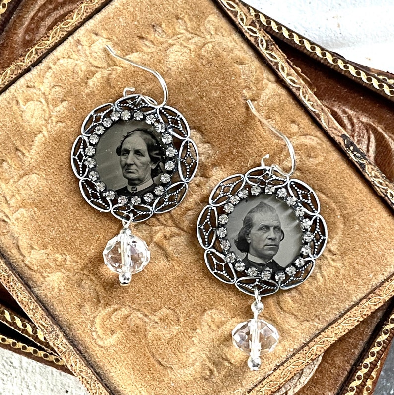 Gem tintype Memento Mori Earrings steampunk gothic Victorian Memory antique vintage assemblage mourning jewelry rhinestone earrings image 1