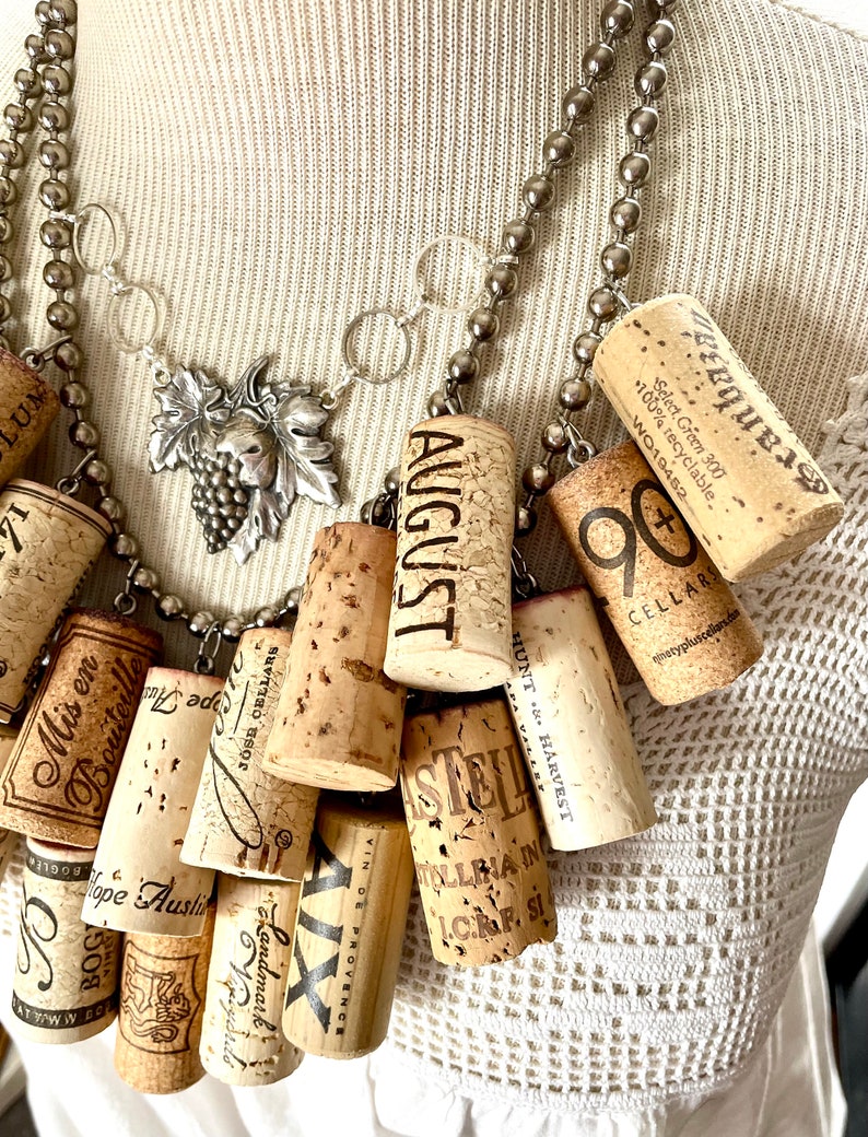 Fabulous Wine lovers cork statement necklace grape vine pin brooch decanter tag assemblage connoisseur cocktail party wine tasting image 3