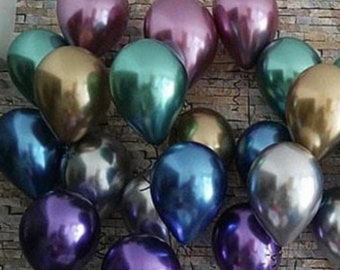 Gold chrome 11" latex balloons, blue chrome, mauve, silver, and purple balloons for birthday parties, centerpieces, backdrops and gift bags