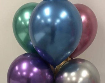 Gold chrome 7” latex balloons, blue chrome, mauve, silver, and purple balloons for birthday parties, centerpieces, backdrops and gift bags