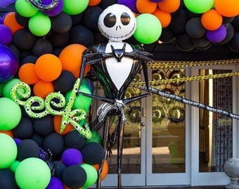 Jack Skellington 84 inches high balloon, Jack Skellington 16" Orbz balloon, Halloween party decor, Nightmare Before Christmas party theme