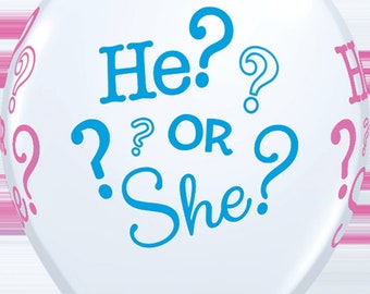 Gender Reveal party latex 11" balloons printed in pink and blue with "He or She?", for Gender reveal parties, balloon garlands, & backdrops.