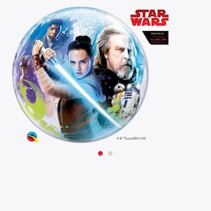 May include: A clear, spherical Star Wars-themed bubble featuring images of characters from the film series. The bubble includes images of Rey, Luke Skywalker, and other characters, with the Star Wars logo in the upper right corner.