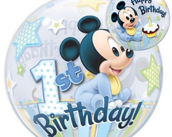 Latex free bubble balloon measuring 22 inches in diameter featuring Baby Mickey Mouse to celebrate your child's First Birthday party