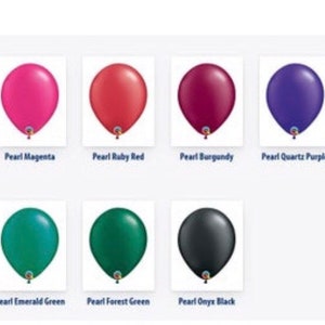 May include: A collection of opaque pearl balloons in various colors, including yellow, orange, pink, red, burgundy, purple, blue, and teal. The image also shows green, dark blue, and black balloons. Each balloon is labeled with its color name.