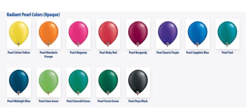 May include: A collection of opaque pearl balloons in various colors, including yellow, orange, pink, red, burgundy, purple, blue, and teal. The image also shows green, dark blue, and black balloons. Each balloon is labeled with its color name.