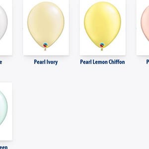 May include: A collection of pearl-finish balloons in various colors, including white, ivory, lemon chiffon, peach, and mint green. Each balloon has a colorful ribbon and the text "Pearl" followed by the color name.